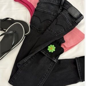 Levi’s 711 Skinny Jeans W24 Black Custom Heart Pocket Green Flower Cuff Y2K